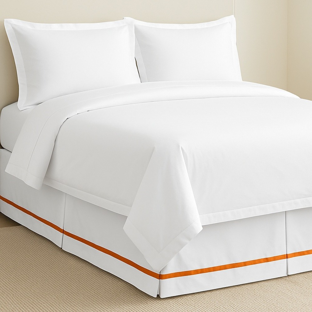 Pottery Barn‎ Bed Skirt 100% Cotton Full Orange Stripe White Bedding  Organic